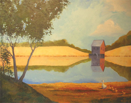 pond with ducks, 32x36 in : canvases : children's murals, landscape murals | Scott Willis Murals | Bay Area | San Francisco | San Jose | Oakland  | Peninsula