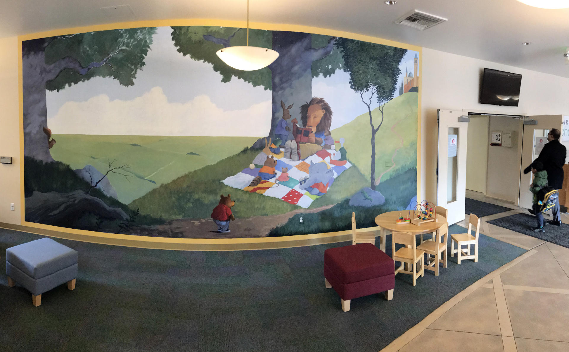 Harker Preschool foyer,
panoramic image  : murals : children's murals, landscape murals | Scott Willis Murals | Bay Area | San Francisco | San Jose | Oakland  | Peninsula