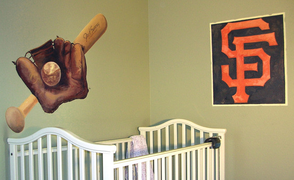 SPORTS ROOM vintage bat and ball glove with Giants logo : themed rooms : children's murals, landscape murals | Scott Willis Murals | Bay Area | San Francisco | San Jose | Oakland  | Peninsula